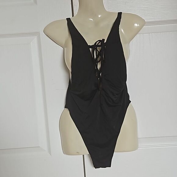 Myra Swim One Piece Bathing Suit Lace-Up, Low Back Black Small - Picture 2 of 16